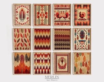 Thanksgiving Art Gallery Wall Set of 12 Prints Eclectic Gallery Set Textile Wall Art Rustic Thanksgiving Decor Fall Warm Tone Wall Art 54-12