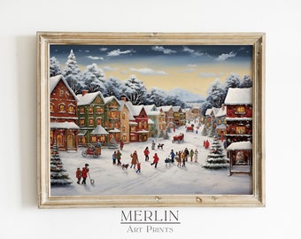 Christmas Village Painting, Winter Snow Scene Art (Digital Download)