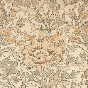 May include: A vintage floral wallpaper pattern with a cream background and a repeating design of brown and green flowers and leaves.
