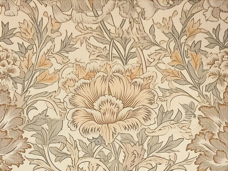 May include: A vintage floral wallpaper pattern with a cream background and a repeating design of brown and green flowers and leaves.