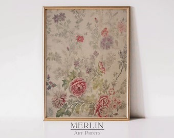 May include: A framed print of a vintage floral pattern with pink, red, and purple flowers on a beige background.