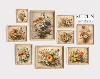 Vintage aquarelprints met wilde bloemen, galeriewandkunstset (digitale download)