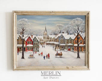 Christmas Village Oil Painting Print, Rustic Winter Scene (Digital Download)
