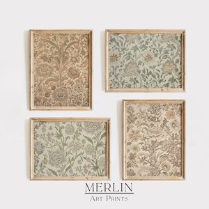 May include: Set of four framed floral prints with a vintage aesthetic. The prints feature a variety of floral patterns in shades of brown, green, and white.