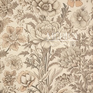 May include: A beige background with a repeating pattern of brown and beige floral designs. The flowers are stylized and have a vintage look.