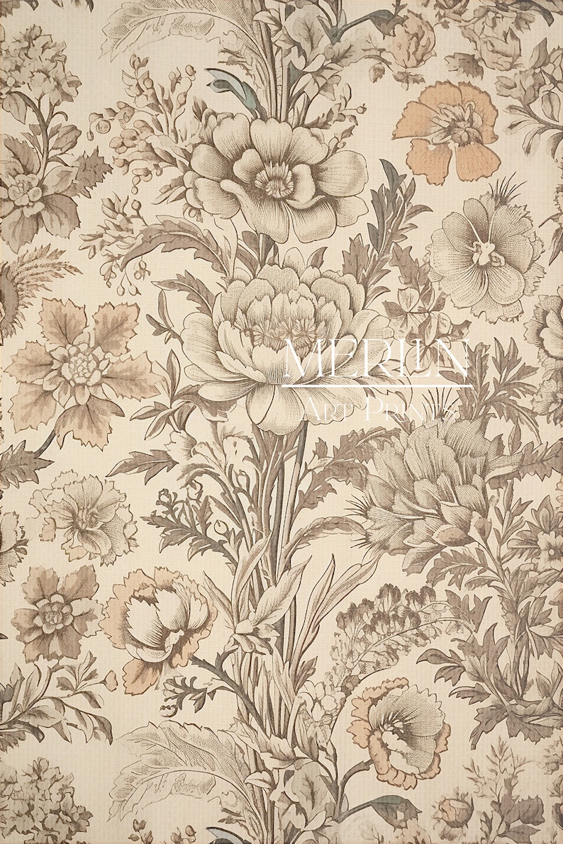 May include: A beige background with a repeating pattern of brown and beige floral designs. The flowers are stylized and have a vintage look.