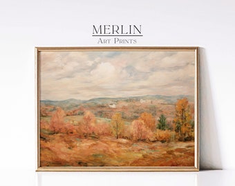 Rustic Autumn Landscape Oil Painting Print, French Country Decor (Digital Download)
