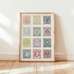 Vintage Briefmarken Druck, 19.Jahrhundert druckbare Stempelkunst, Eklektische Wandkunst, Vintage Ephemera Digital Stamp Poster, Vintage Maximalist Poster