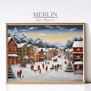Vintage Christmas Wall Art Decor Christmas Village Print Rustic Christmas Decor Winter Holiday Decor Printable Christmas Painting 444