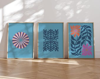 Blue Boho Prints Set of 3, Trendy Blue Wall Art, Funky Blue Retro Posters, Aesthetic Wall Prints, Eclectic Gallery Set, Digital Download