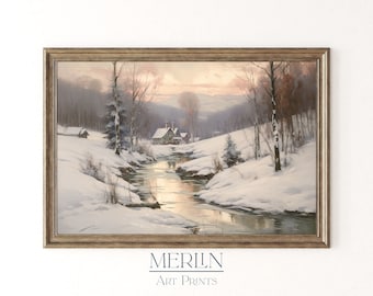May include: A painting of a snowy winter scene with a river winding through a forest. The sky is a soft pink and orange, and there are small houses in the distance. The painting is framed in a brown wood frame.