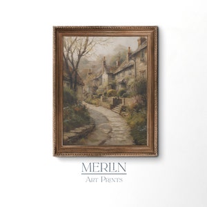 Lámina impresionista de un pueblo inglés, decoración de una casa de campo (descarga digital)