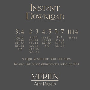 Puede incluir: Una descarga digital de 5 impresiones de arte imprimibles de alta resoluci&oacute;n en diferentes relaciones de aspecto, incluyendo 3:4, 2:3, 4:5, 5:7 y 11:14. La imagen muestra los diferentes tama&ntilde;os disponibles, incluyendo 23cm x 30cm, 30cm x 40cm, 38cm x 50cm, 46cm x 61cm, 20cm x 30cm, 25cm x 38cm, 30cm x 46cm, 40cm x 61cm, 61cm x 91cm, 20cm x 25cm, 30cm x 38cm, 40cm x 50cm, 13cm x 18cm, 25cm x 35cm, 28cm x 35cm, A2, A3, A4, A5, A6, A7, A0 y A1. El texto "INSTANT DOWNLOAD" y "MERILN ART PRINTS" tambi&eacute;n es visible.