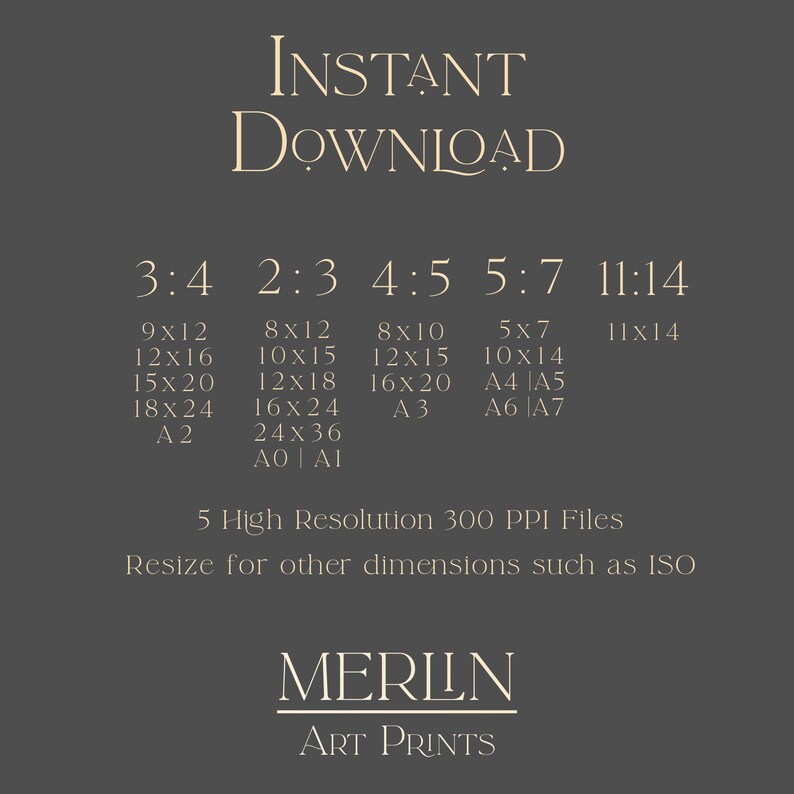 Puede incluir: Una descarga digital de 5 impresiones de arte imprimibles de alta resoluci&oacute;n en diferentes relaciones de aspecto, incluyendo 3:4, 2:3, 4:5, 5:7 y 11:14. La imagen muestra los diferentes tama&ntilde;os disponibles, incluyendo 23cm x 30cm, 30cm x 40cm, 38cm x 50cm, 46cm x 61cm, 20cm x 30cm, 25cm x 38cm, 30cm x 46cm, 40cm x 61cm, 61cm x 91cm, 20cm x 25cm, 30cm x 38cm, 40cm x 50cm, 13cm x 18cm, 25cm x 35cm, 28cm x 35cm, A2, A3, A4, A5, A6, A7, A0 y A1. El texto "INSTANT DOWNLOAD" y "MERILN ART PRINTS" tambi&eacute;n es visible.
