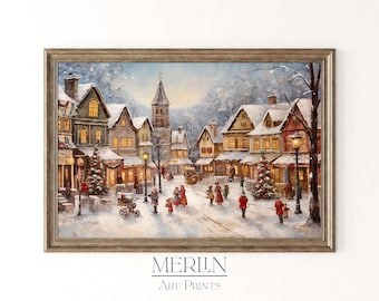 Christmas Village Painting Print, Vintage Winter Scene (Digital Download)