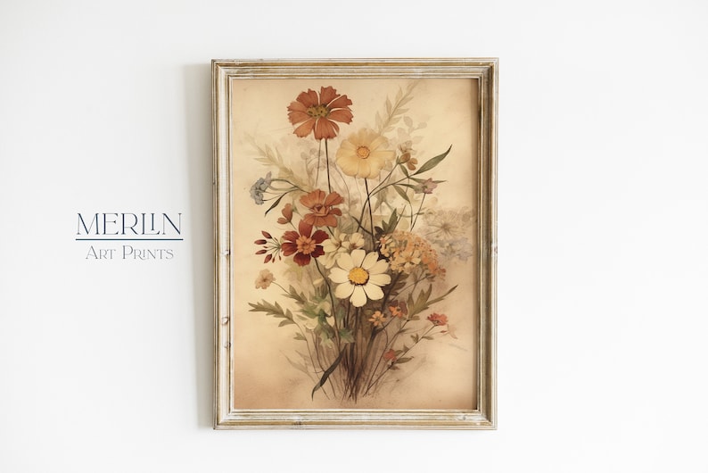 May include: A framed print of a vintage botanical illustration featuring a bouquet of dried flowers in shades of brown, orange, and white.