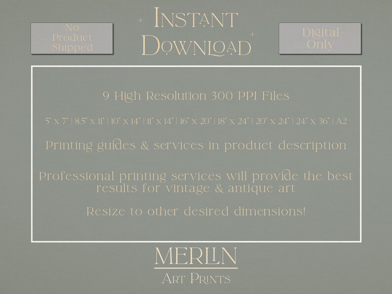 May include: A digital download of 9 high-resolution printable art files in various sizes, including 5x7 inches, 8.5x11 inches, 10x14 inches, 14x14 inches, 16x20 inches, 18x24 inches, 20x24 inches, 24x36 inches, and A2. The text "INSTANT DOWNLOAD" is displayed in a light beige color on a light green background. The text "No Product Shipped" and "Digital Only" are displayed in a light beige color on a gray background. The text "MERLIN ART PRINTS" is displayed in a light beige color on a light green background.