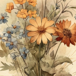 K&ouml;nnte beinhalten: Ein Aquarellbild eines Blumenstrau&szlig;es. Der Strau&szlig; enth&auml;lt gelbe, orange und braune Blumen mit blauen Blumen im Hintergrund. Die Blumen sind in einem realistischen Stil mit weichen, gedeckten Farben gemalt.