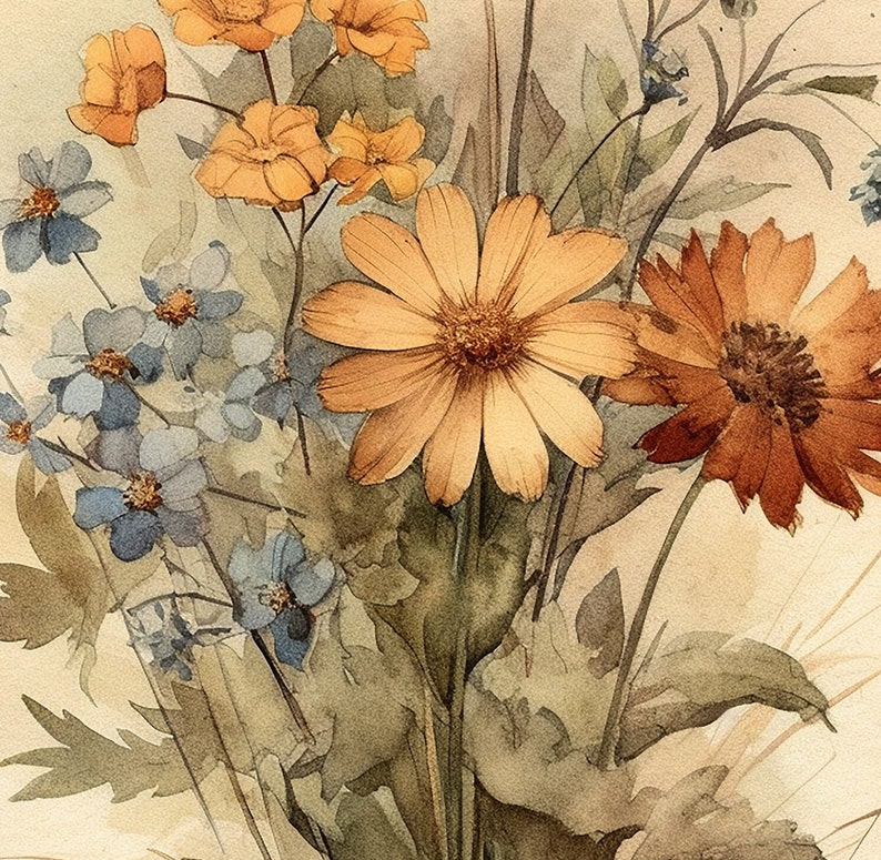 K&ouml;nnte beinhalten: Ein Aquarellbild eines Blumenstrau&szlig;es. Der Strau&szlig; enth&auml;lt gelbe, orange und braune Blumen mit blauen Blumen im Hintergrund. Die Blumen sind in einem realistischen Stil mit weichen, gedeckten Farben gemalt.