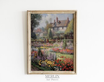 French Garden Impressionist Painting, Vintage Cottage Art (Digital Download)