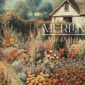 May include: A painting of a cottage garden with a white cottage in the background. The garden is filled with colorful flowers and a path leads through the center. The text "MERLIN ART PRINTS" is superimposed on the image.