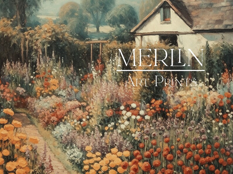 May include: A painting of a cottage garden with a white cottage in the background. The garden is filled with colorful flowers and a path leads through the center. The text "MERLIN ART PRINTS" is superimposed on the image.