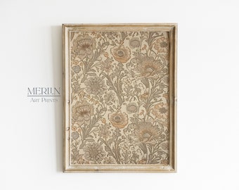 May include: A framed print with a vintage floral pattern in shades of beige, brown, and orange. The frame is a light wood color with a distressed finish.