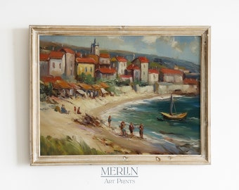 French Coastal Town Oil Painting Wall Art PRINTABLE Vintage Landscape Digital Download #26