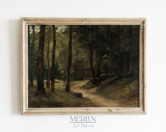 Pintura de paisaje verde oscuro, impresión forestal impresionista, decoración de la pared de la granja #143