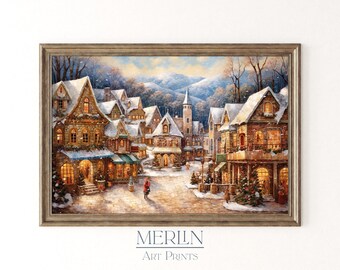 Christmas Village Oil Painting Print, Snowy Rustic Scene (Digital Download)