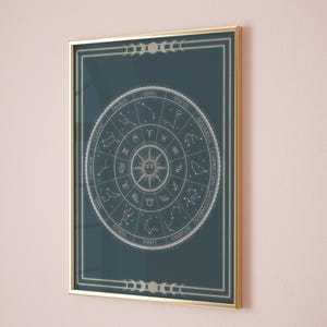 Arte mural astrológico con calendario celestial, impresión de signos del zodíaco, decoración de constelaciones para el hogar, estética bohemia, descarga digital de la carta astral.