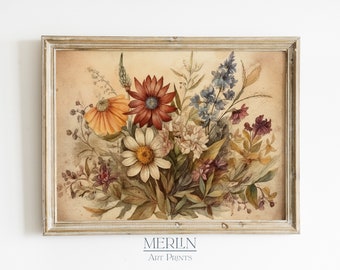 May include: A framed vintage botanical print featuring a bouquet of flowers in shades of brown, yellow, red, and blue. The flowers are arranged in a vase and are surrounded by green leaves. The print is set against a cream-coloured background.