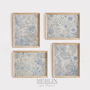 Blå blommig textilkonsttryckset, eklektisk tavelvägg (digital nedladdning)