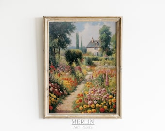 French Garden Impressionist Painting, Vintage Cottage Art (Digital Download)