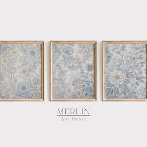 Neutral Blue Wall Art Gallery Set of 3 Prints Floral Textile Printable Digital Download Large Flower Poster Eclectic Decor for Nursery G35-3