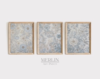 Neutral Blau Wand Kunst Galerie Set von 3 Drucke Floral Textil druckbar digitaler Download Große Blume Poster Eklektisches Dekor für Kinderzimmer G35-3