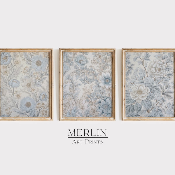 Neutral Blue Wall Art Gallery Set van 3 prints bloemen textiel afdrukbare digitale download grote bloem poster eclectisch decor voor kinderkamer G35-3