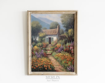 French Garden Cottage Painting, Impressionist Art Print (Digital Download)