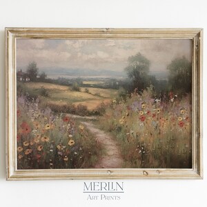 Muted Wildflower Field Painting, Impressionist Landscape Print, French Country Decor #142