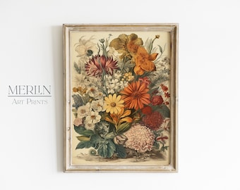 May include: A framed vintage botanical print depicting a colourful bouquet of flowers in shades of red, orange, yellow, and white. The flowers are arranged in a vase and are surrounded by green leaves.