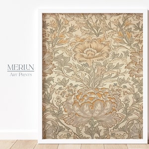 May include: A framed print of a vintage floral pattern with a cream background and brown and green flowers. The print is in a white frame.