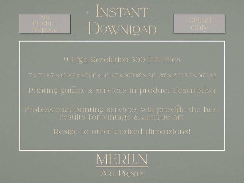May include: A digital download of 9 high-resolution printable art files in various sizes, including 5x7 inches, 8.5x11 inches, 10x14 inches, 14x14 inches, 16x20 inches, 18x24 inches, 20x24 inches, 24x36 inches, and A2. The text "INSTANT DOWNLOAD" is displayed in a light beige color on a light green background. The text "No Product Shipped" and "Digital Only" are displayed in a light beige color on a gray background. The text "MERLIN ART PRINTS" is displayed in a light beige color on a light green background.