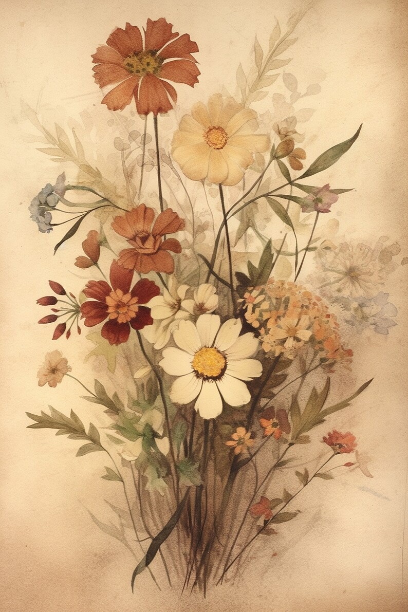 May include: A watercolor painting of a bouquet of wildflowers in shades of brown, white, and yellow. The flowers are arranged in a vase and are surrounded by green leaves.