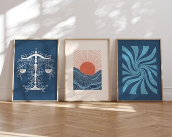 Blue Boho Prints Set of 3, Trendy Blue Wall Art, Funky Blue Retro Posters, Aesthetic Wall Prints, Eclectic Gallery Set, Digital Download