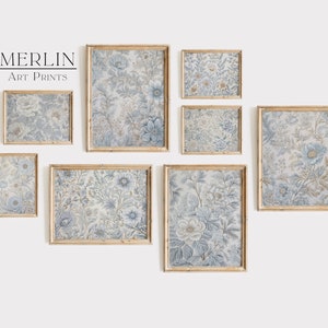 Blue Textile Wall Art Vintage Gallery Set of 8 Prints Blue Floral Decor Antique Textiles #G30-8