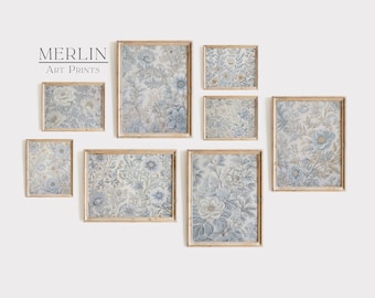 Láminas textiles florales azules, colección vintage para pared (descarga digital)