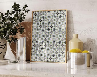 Textile Wall Art Green and White, Azulejo Textile Printable, Moroccan Pattern Print Wall Art Mediterranean Tile Print, Green White Print A56