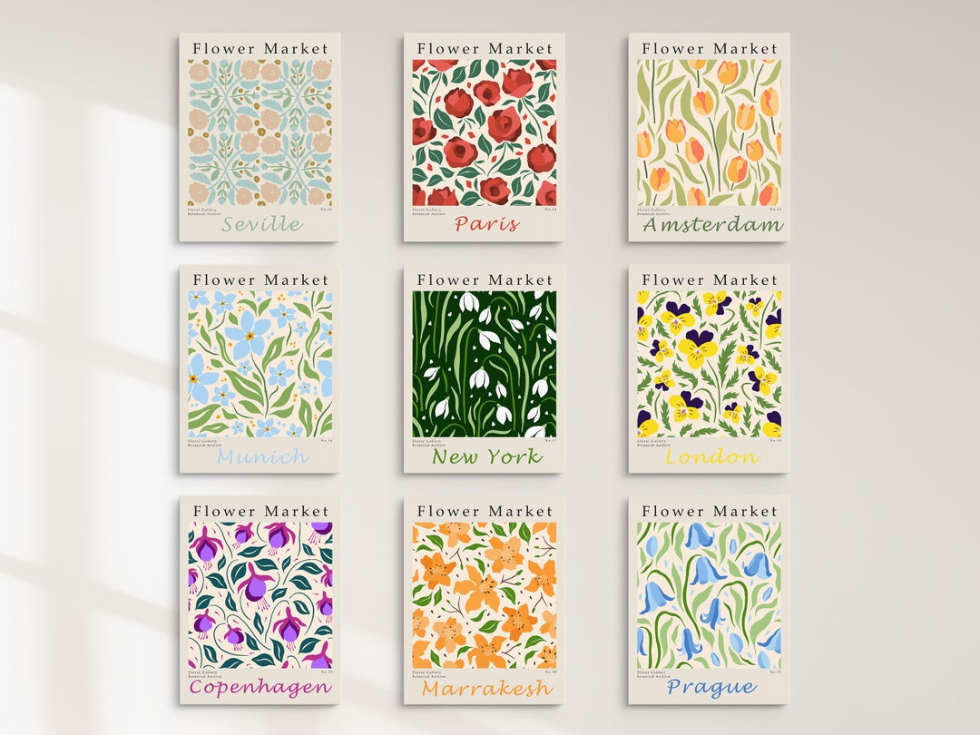 Flower Market Print Set of 9, Botanical Wall Art, Floral Decor Posters ...