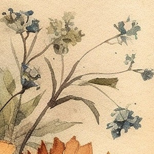 K&ouml;nnte beinhalten: Ein Aquarellbild eines Blumenstrau&szlig;es mit blauen und braunen Bl&uuml;ten, gr&uuml;nen Stielen und Bl&auml;ttern auf cremefarbenem Hintergrund.