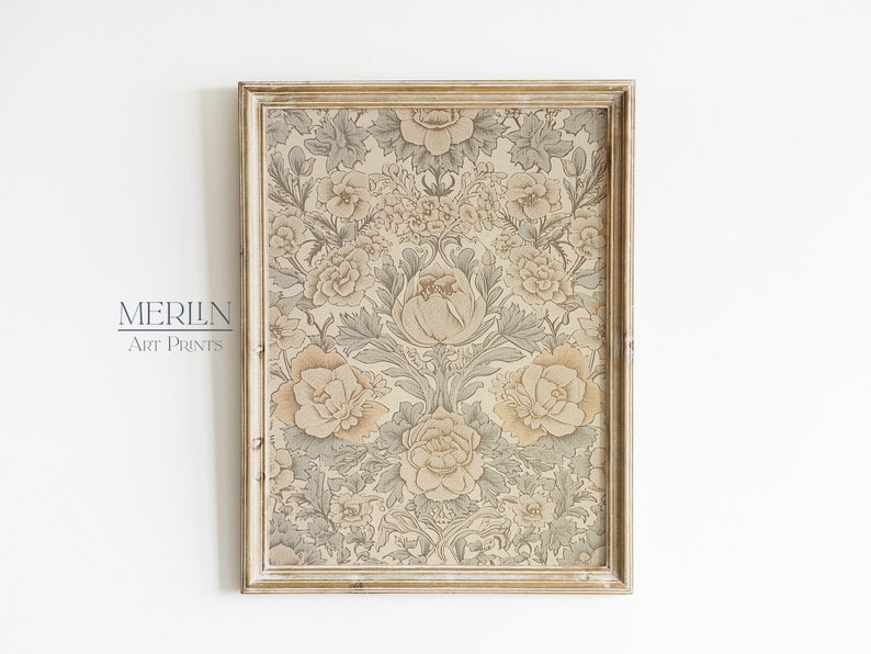 May include: A framed print with a floral pattern in shades of beige, brown, and gray. The print features a repeating pattern of stylized flowers and leaves.